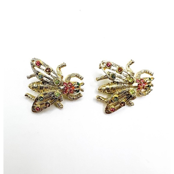 Retro Bug Brooch Duo Vintage Fly Insect Pair Gold Tone Green Pink Rhinestones - Picture 2 of 6